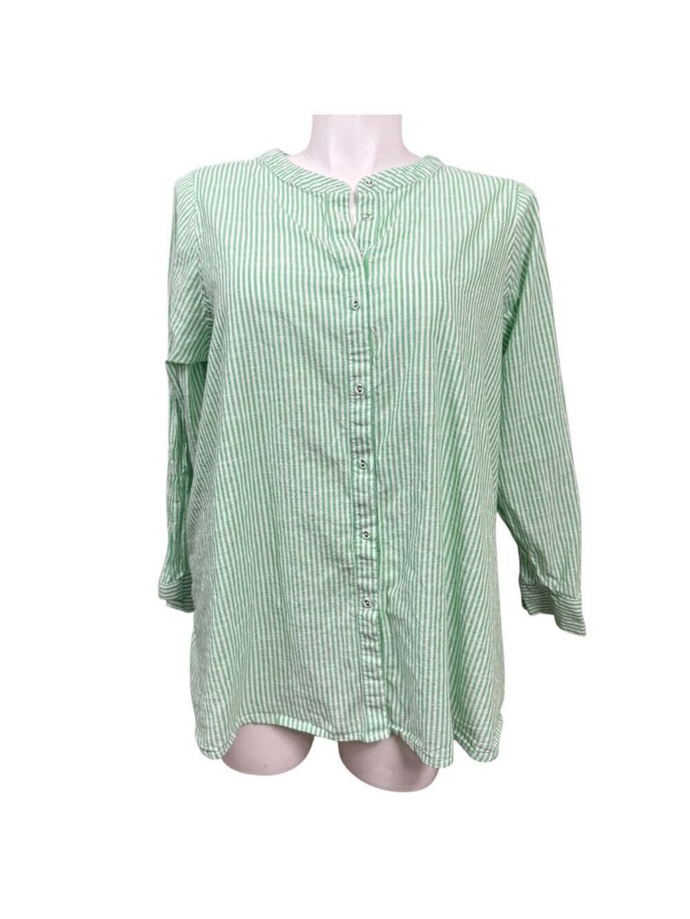 Lane Bryant Green White Striped Cotton Button Front Blouse 18/20